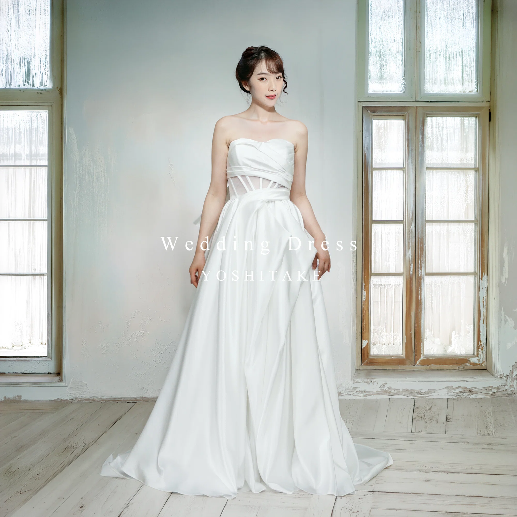 ウエディングドレス.白.Aライン.サテン.バックリボン.結婚式.Y2222 