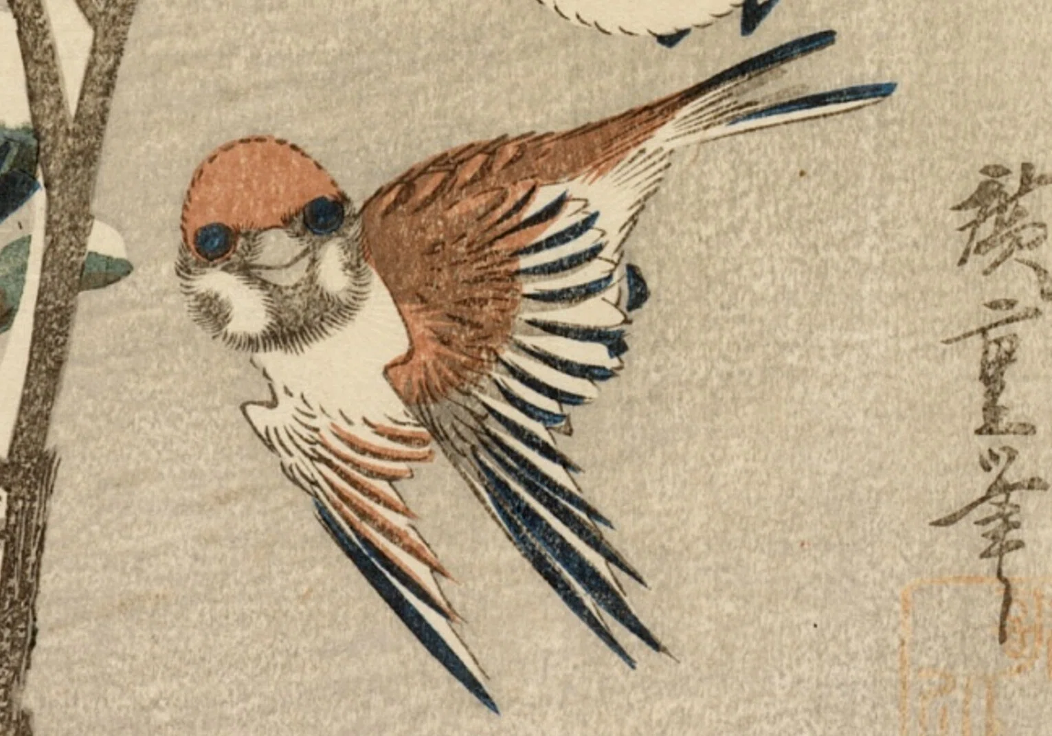 花鳥版画展」出品作②歌川広重《雪中椿に雀》天保3-6（1832-35）年