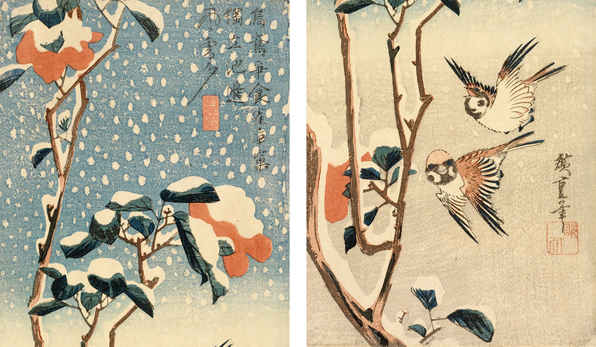 花鳥版画展」出品作②歌川広重《雪中椿に雀》天保3-6（1832-35）年