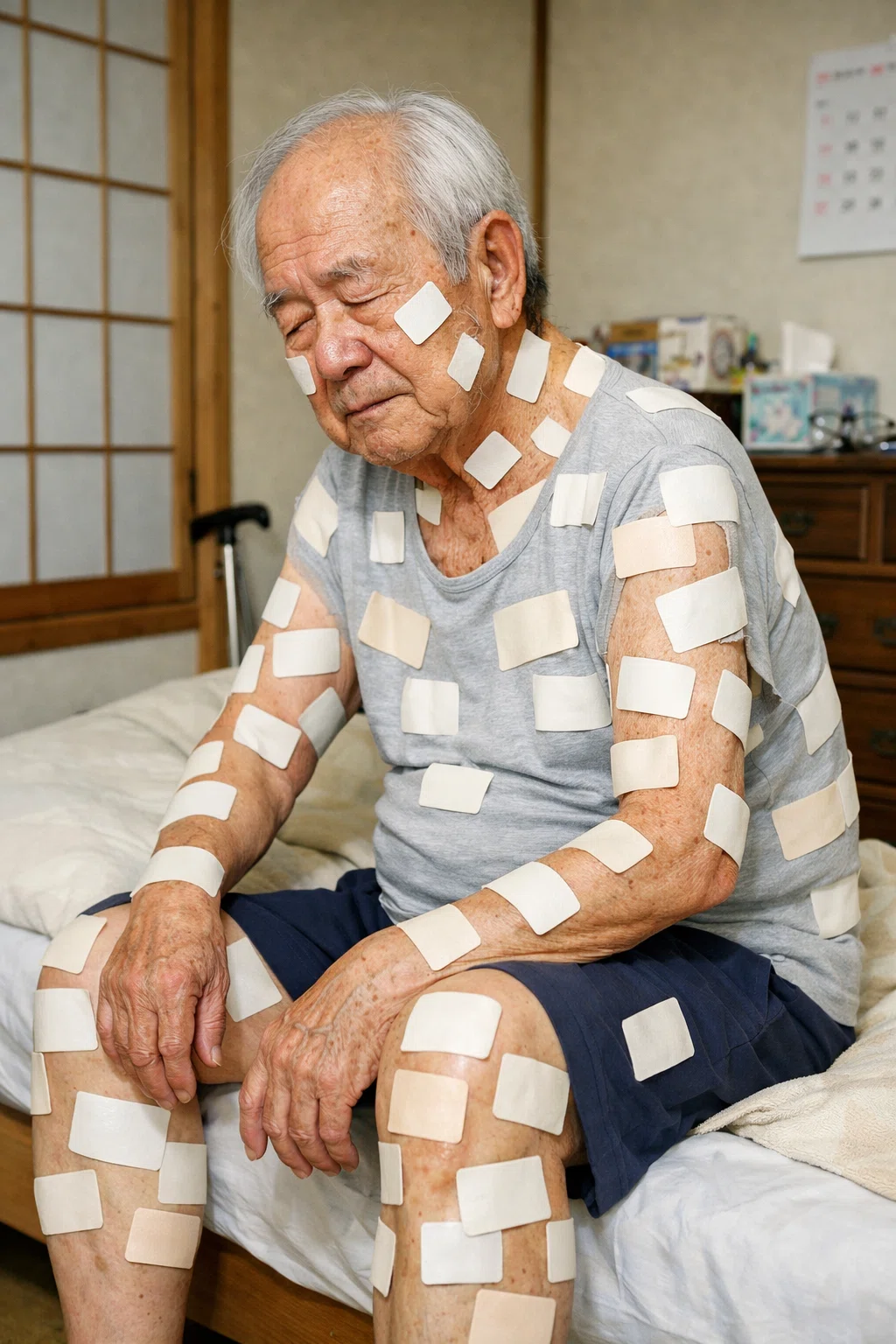 貼付剤はりまくってる人間の画像