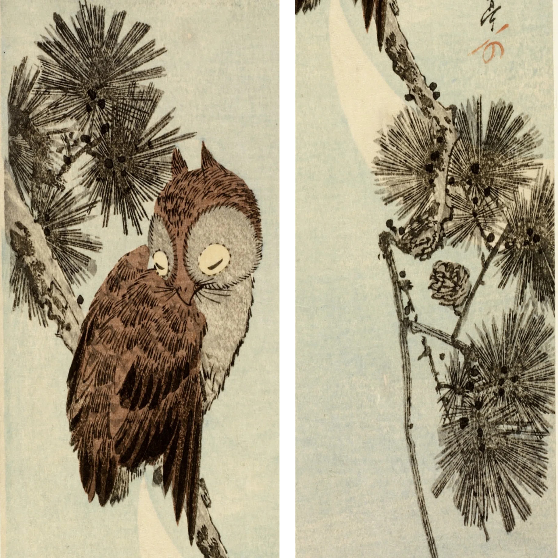 花鳥版画展」出品作③歌川広重《三日月に松上の木兎》天保3-6（1832-35