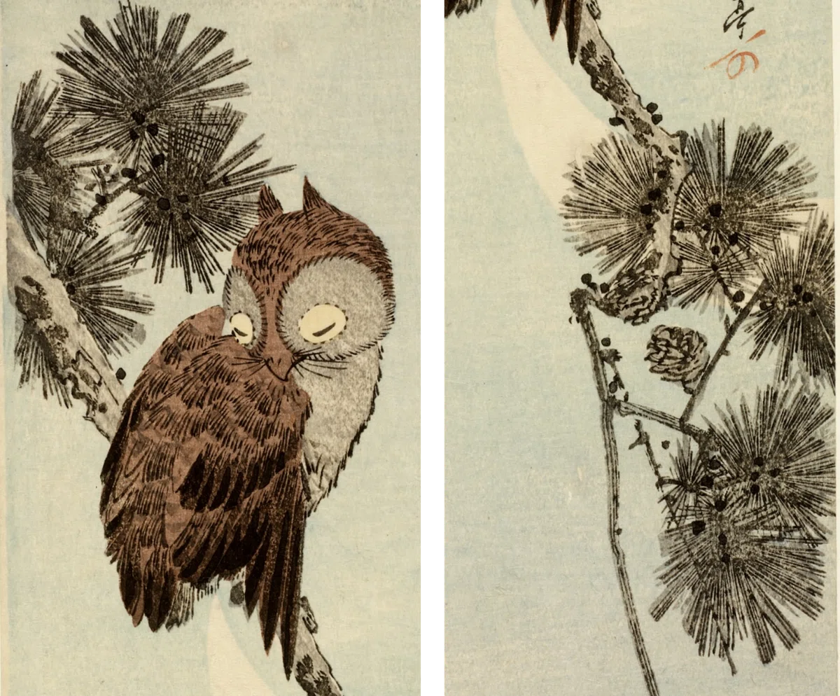 花鳥版画展」出品作③歌川広重《三日月に松上の木兎》天保3-6（1832-35