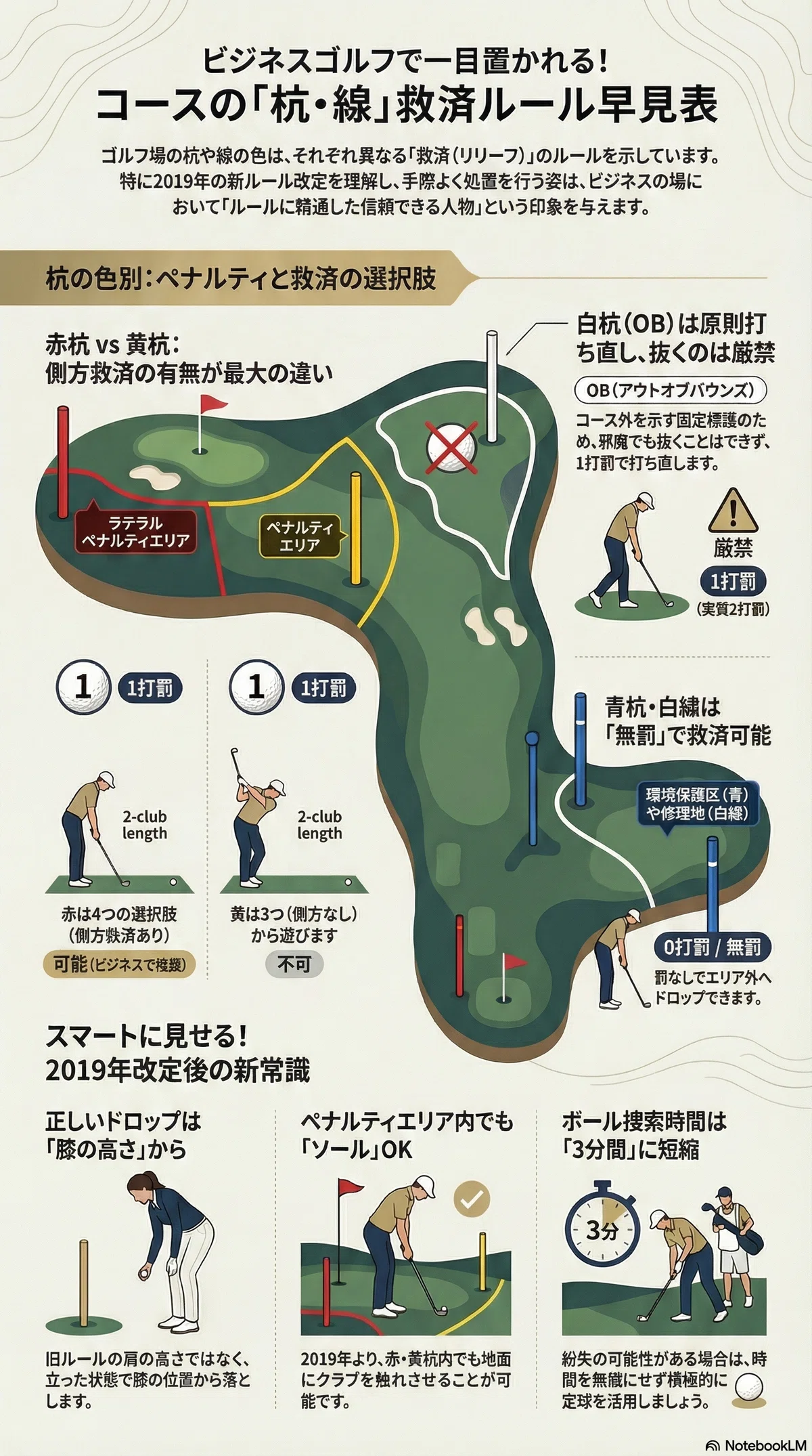 ビジネスゴルフで周囲を唸らせる！赤杭・黄杭・白線の正しい救済知識