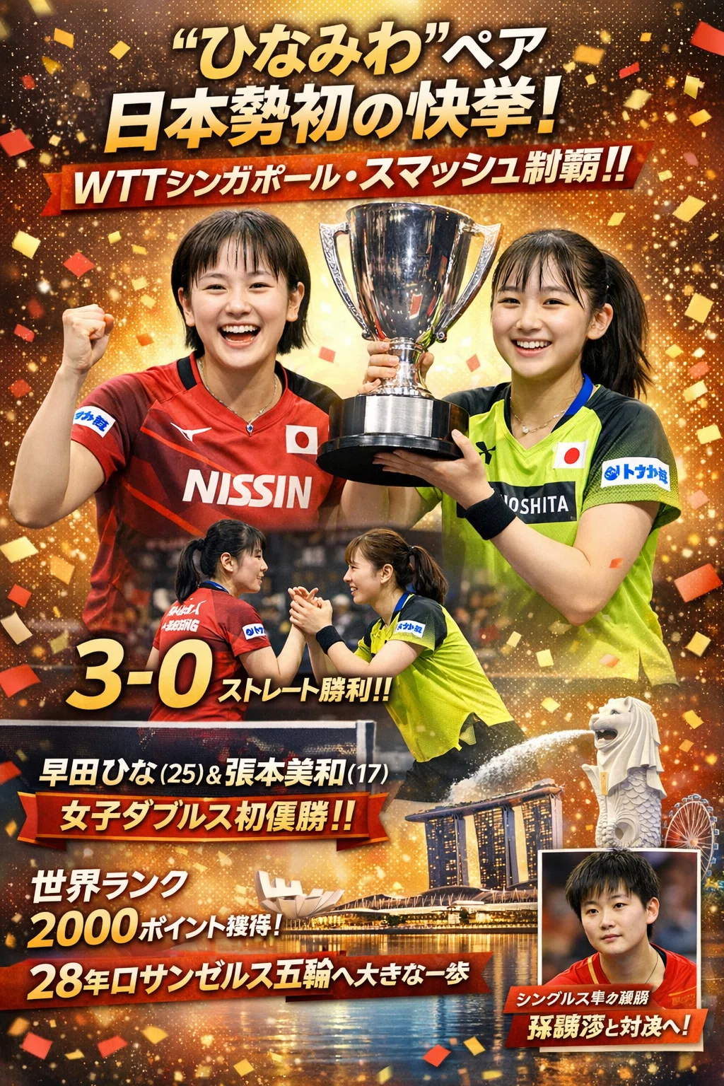 張本と早田の“みわひな”がWTT最高峰の大会で日本人初V！長﨑率いる国際