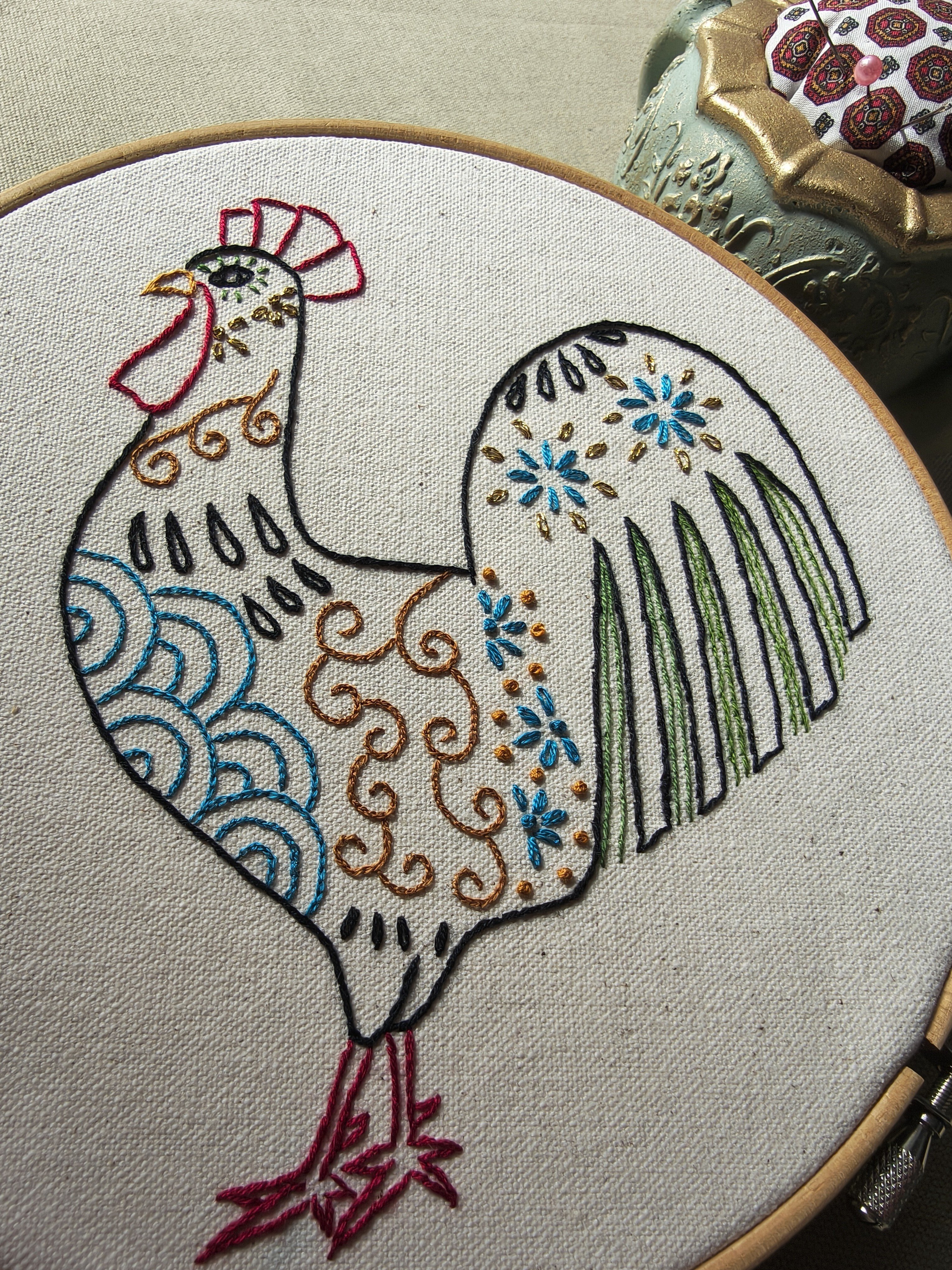 作製風景『飾り鶏／Ornamental Rooster』3｜embroidery_design_Hoho