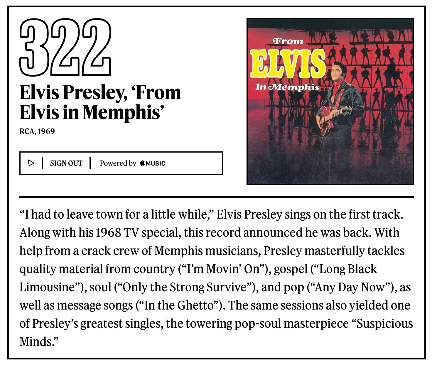 322位：エルヴィス・プレスリー『From Elvis in Memphis』｜「歴代最高 