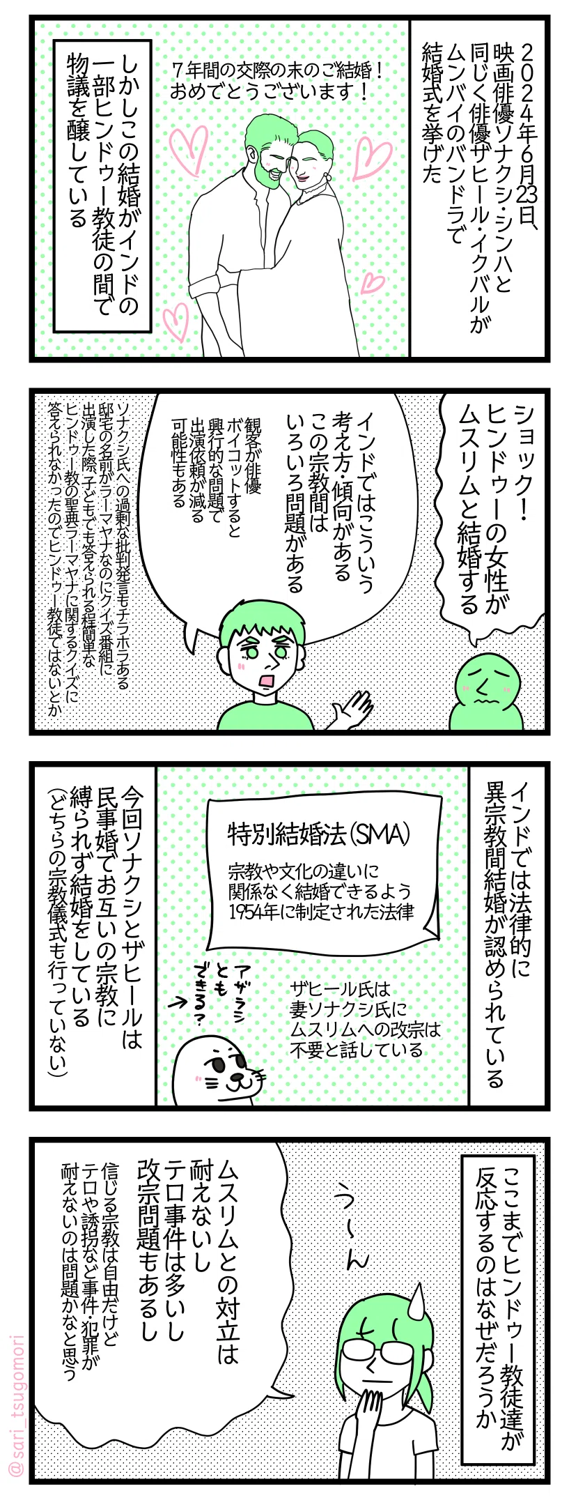 マンガの画像。以下内容テキスト:
4コマ漫画のテキスト
1:ボリウッド俳優の結婚
2024年6月23日、インド映画俳優のソナクシ・シンハと同じく俳優ザヒール・イクバルがムンバイのバンドラで結婚式を挙げた。7年間の交際の末のご結婚!おめでとうございます! しかしこの結婚がインドの一部ヒンドゥー教徒の間で物議を醸している。
2:異宗教結婚への反発
一部のヒンドゥー教徒インド人「ショック! ヒンドゥーの女性がムスリムと結婚する」
ラフル「インドではこういう考え方・傾向がある。いろいろ問題がある。観客が俳優ボイコットをすると興行的な問題で出演依頼が減る可能性もある」
ソナクシ氏への過剰な批判発言もチラホラある(邸宅の名前がラーマヤナなのにクイズ番組に出演した際、小さい子どもでも答えられる簡単なヒンドゥー教の聖典ラーマヤナに関するクイズに答えられなかったのでヒンドゥー教徒じゃないとか)
3:インドでは法律的に異宗教間結婚が認められている
今回ソナクシとザヒールは民事婚でお互いの宗教に縛られず結婚をしている(どちらの宗教儀式も行っていない) 特別結婚法(SMA)…1954年に宗教や文化の違いに関係なく結婚できるよう制定された法律。ザヒール氏は妻ソナクシ氏にムスリムへの改宗は不要と話している。
4:ここまでヒンドゥー教徒達が反応するのはなぜ?
さり「ムスリムとの対立は耐えないしテロ事件は多いし改宗問題もあるし。言じる宗教は自由だけどテロや誘など事件・犯罪が耐えないのは問題かなと思う」