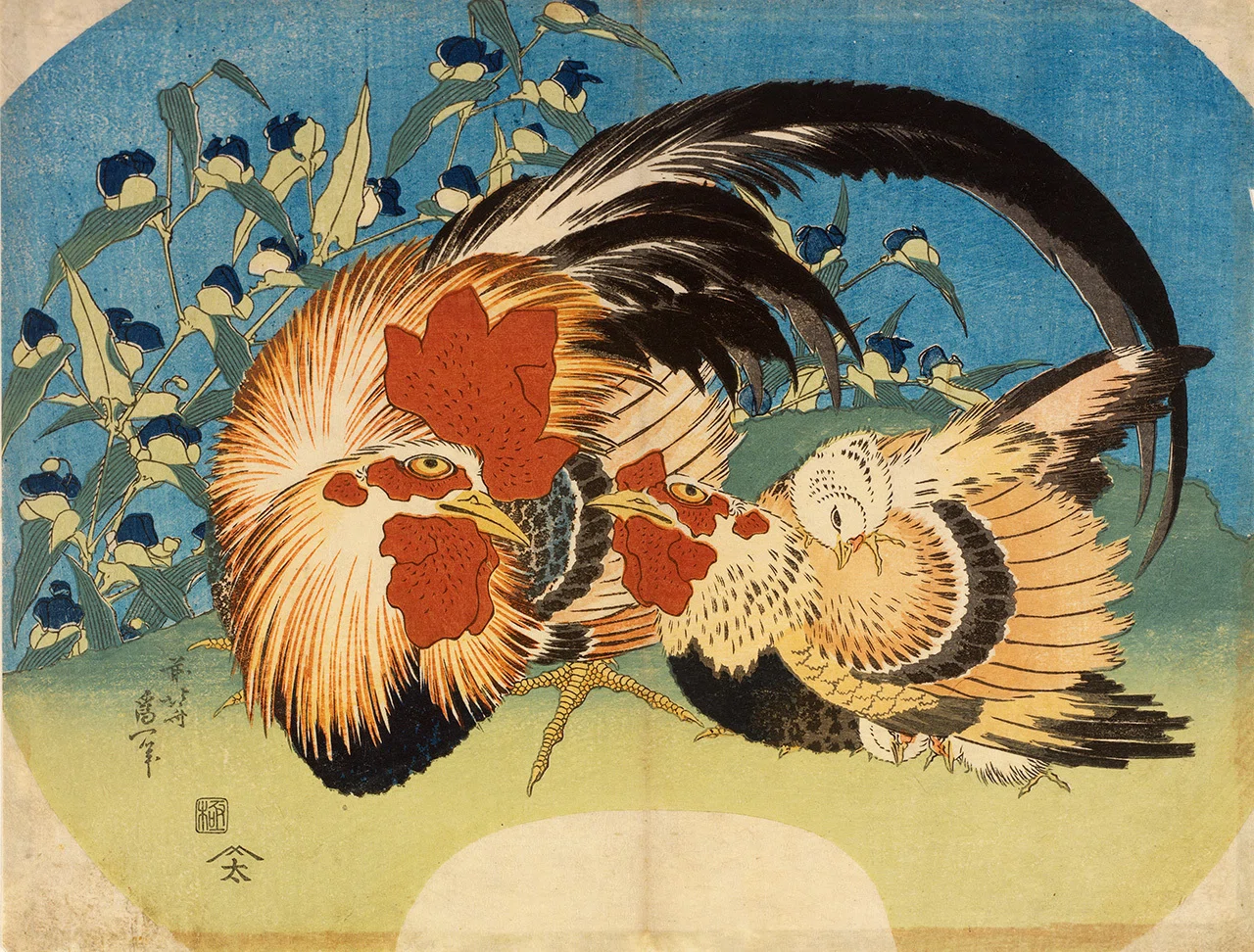 両面刺繍の伝統的な花と鳥の絵画 花鳥版画展」出品作⑦ 葛飾北斎《露草に鶏》天保3（1832）年頃｜美術史