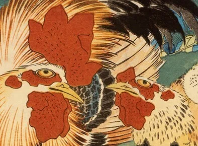 花鳥版画展」出品作⑦ 葛飾北斎《露草に鶏》天保3（1832）年頃｜毎日