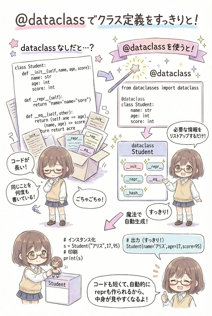 【Python Tips】第10回:データの「型紙」を作ろう!手間いらずの dataclasses|月島夏鈴