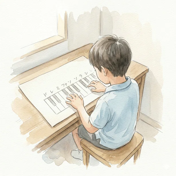 子供が紙に書いた鍵盤で遊んでいるイラスト