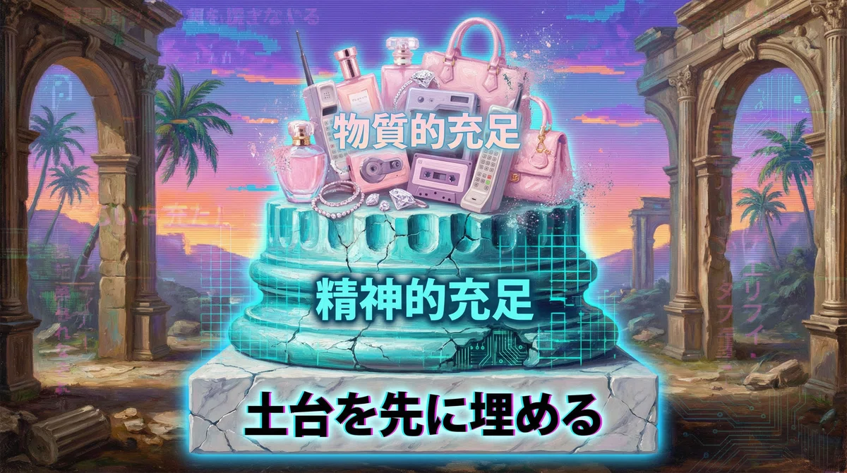 ターコイズ色のデジタルブロックでできた強固な円柱の土台（精神的充足）の上に、パステルピンクの贅沢品（物質的充足）が載っている図解。