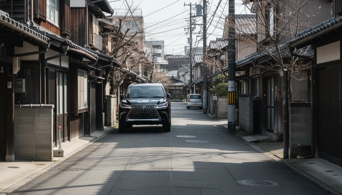 狭い道でのすれ違いと運転支援システムのイメージ
