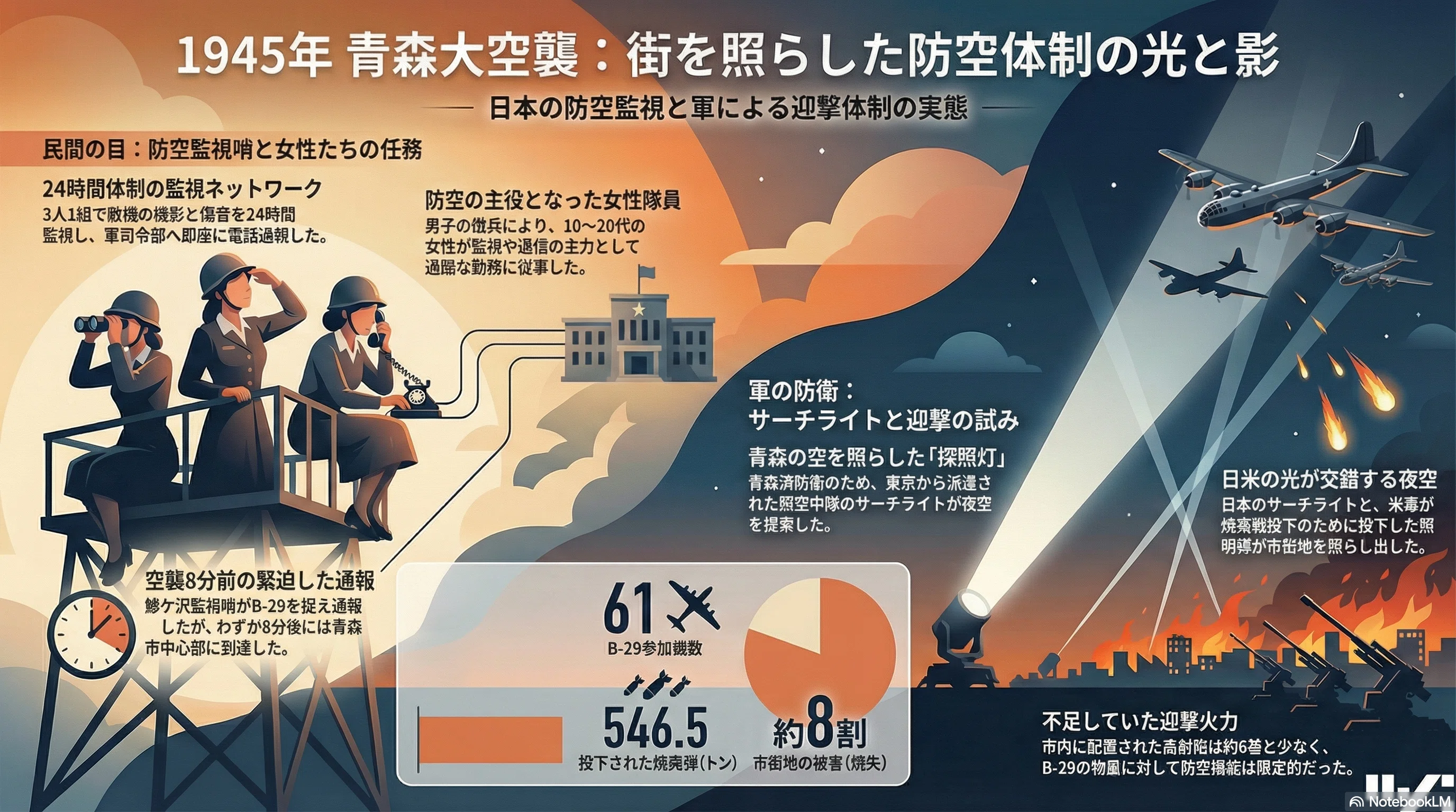 1945年7月28日、青森の空を切り裂いた「光」の正体：空襲下の探照灯を