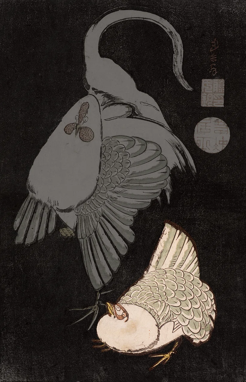 版画『化鳥を飼う女／Ominous Bird』不可思議 インテリア 花鳥版画展」出品作⑧ 伊藤若冲《雌雄鶏図》明和期（1764-1772年頃