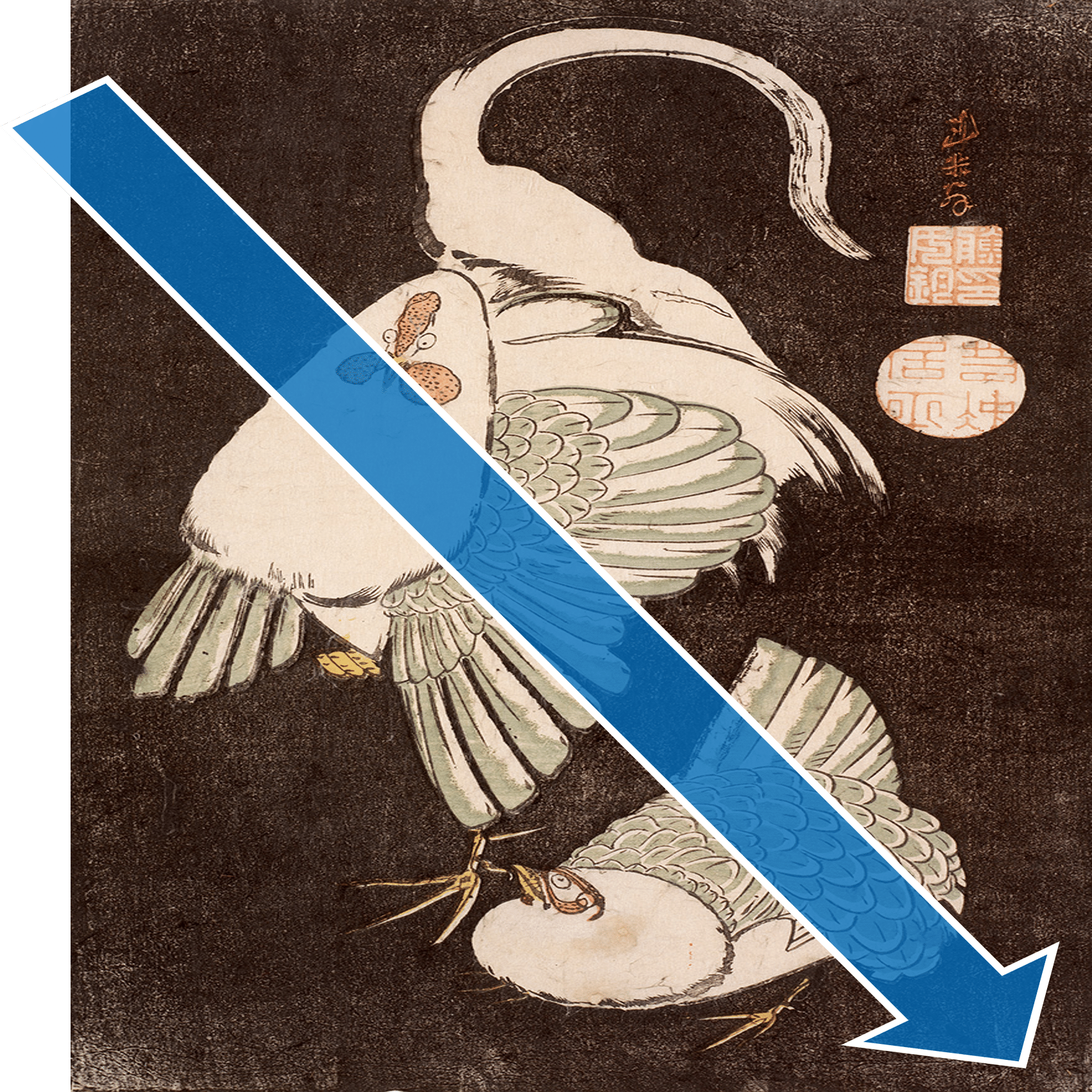 花鳥版画展」出品作⑧ 伊藤若冲《雌雄鶏図》明和期（1764-1772年頃