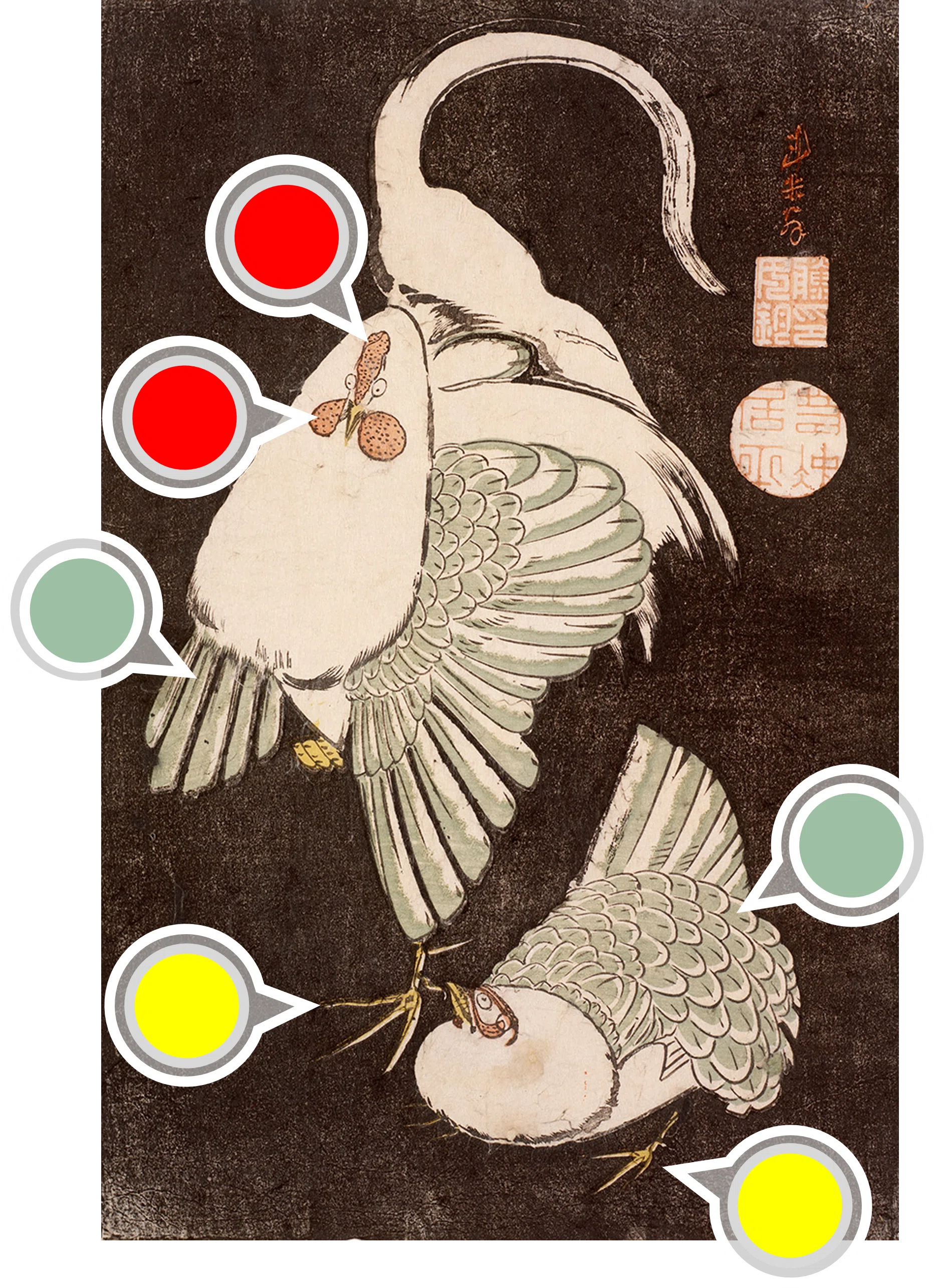花鳥版画展」出品作⑧ 伊藤若冲《雌雄鶏図》明和期（1764-1772年頃
