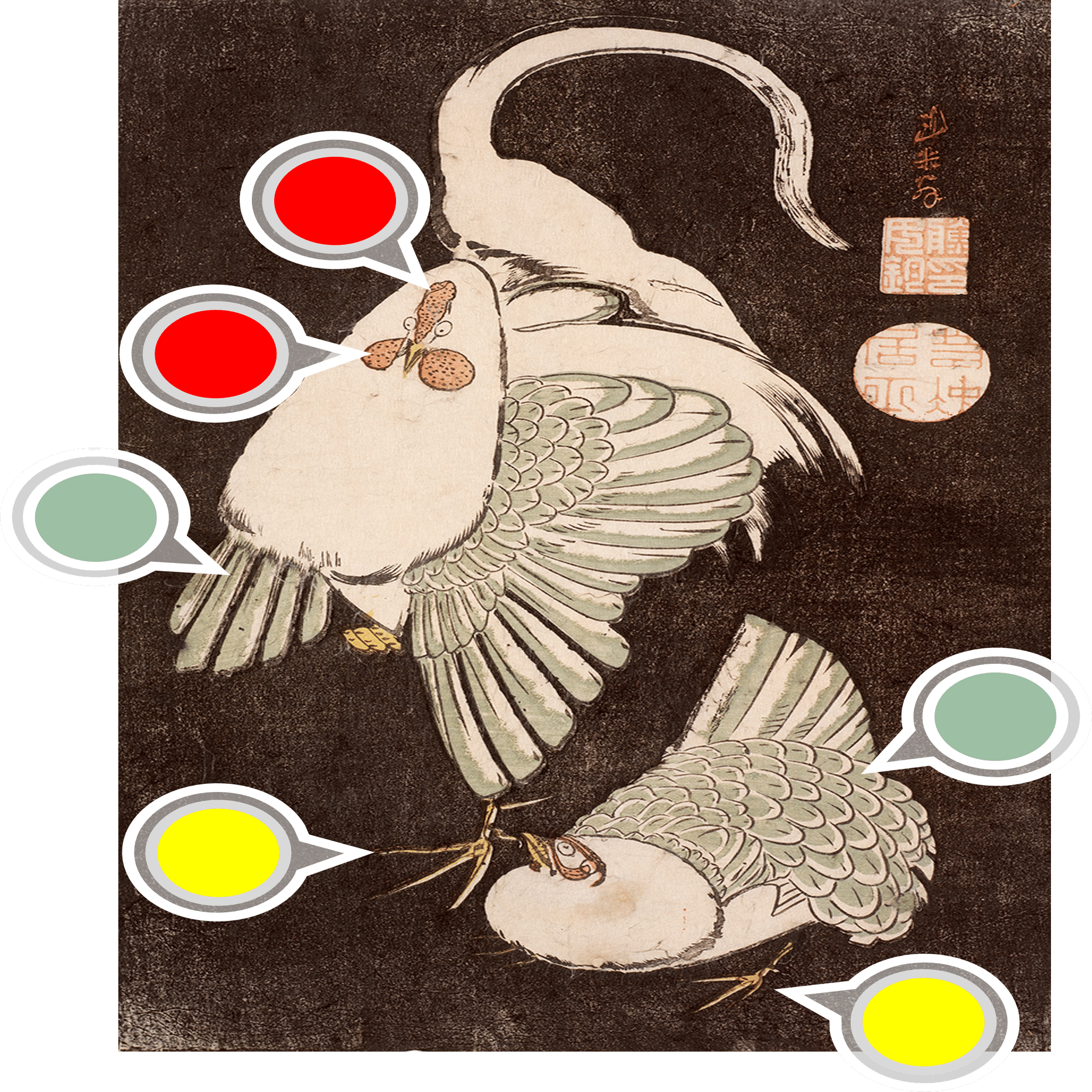 花鳥版画展」出品作⑧ 伊藤若冲《雌雄鶏図》明和期（1764-1772年頃