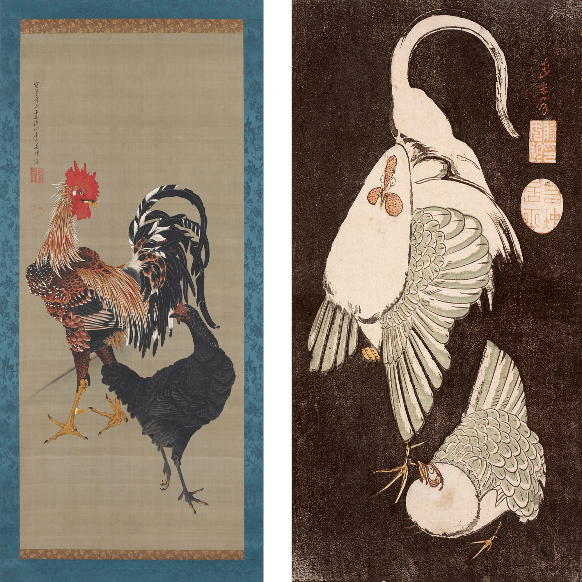 花鳥版画展」出品作⑧ 伊藤若冲《雌雄鶏図》明和期（1764-1772年頃