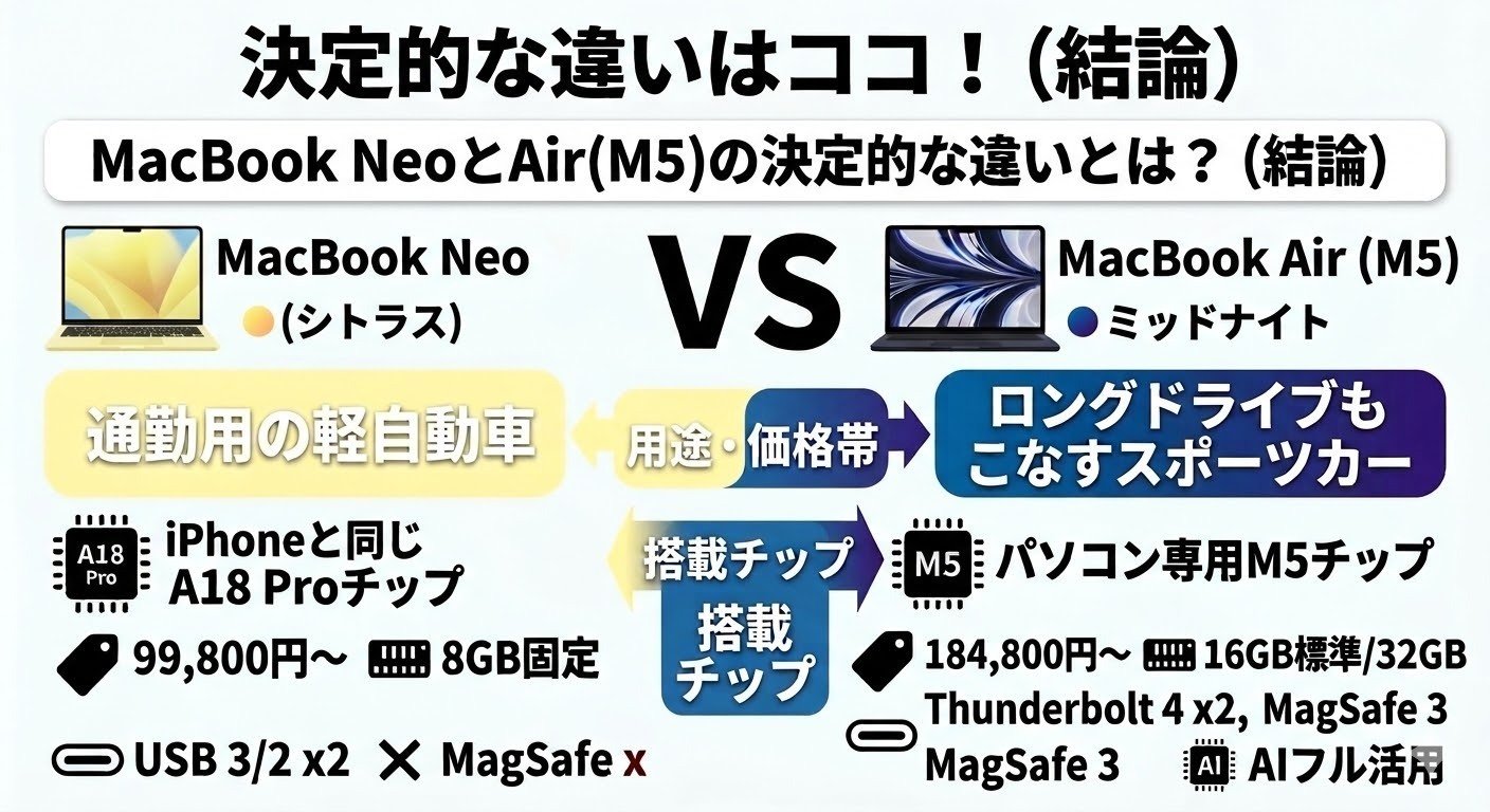 MacBook NeoとAir(M5)の違いを比較！スペックや後悔しない選び方を徹底