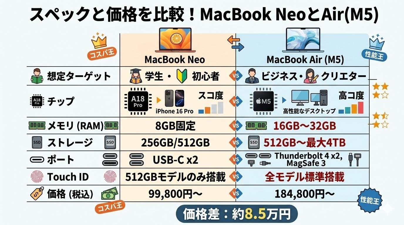 MacBook NeoとAir(M5)の違いを比較！スペックや後悔しない選び方を徹底