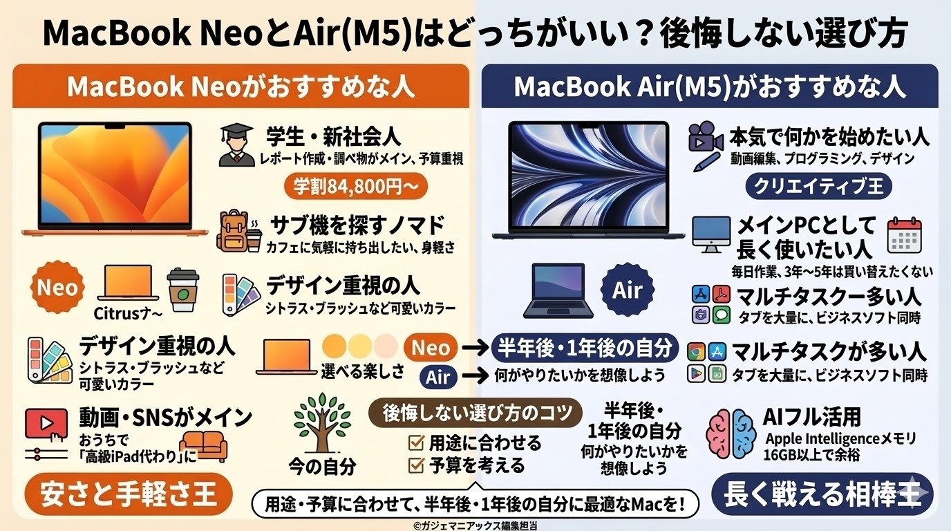 MacBook NeoとAir(M5)の違いを比較！スペックや後悔しない選び方を徹底