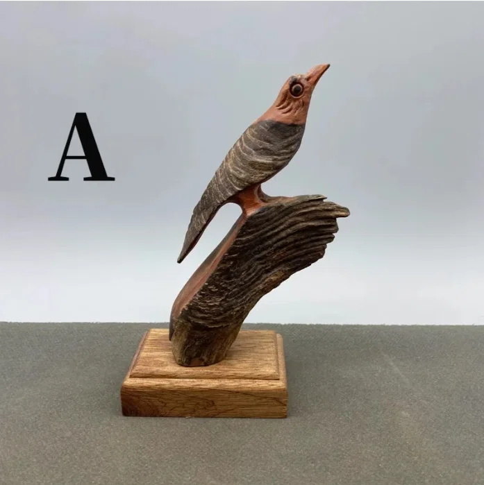 木彫り鳥の置物🐦 流木彫刻の小鳥オブジェ｜木彫り置物で彩る-賢い
