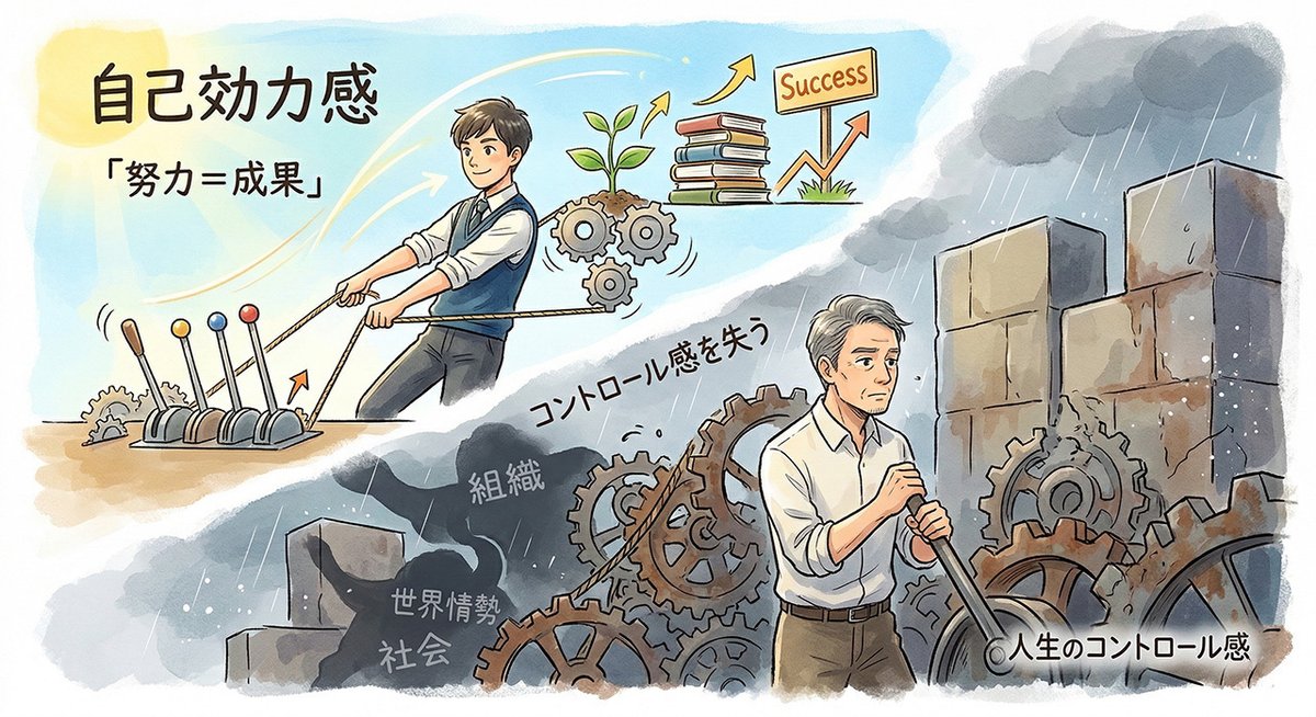 若い頃は努力と成果が結び付くが、中年になるとコントロール感を失うイメージ