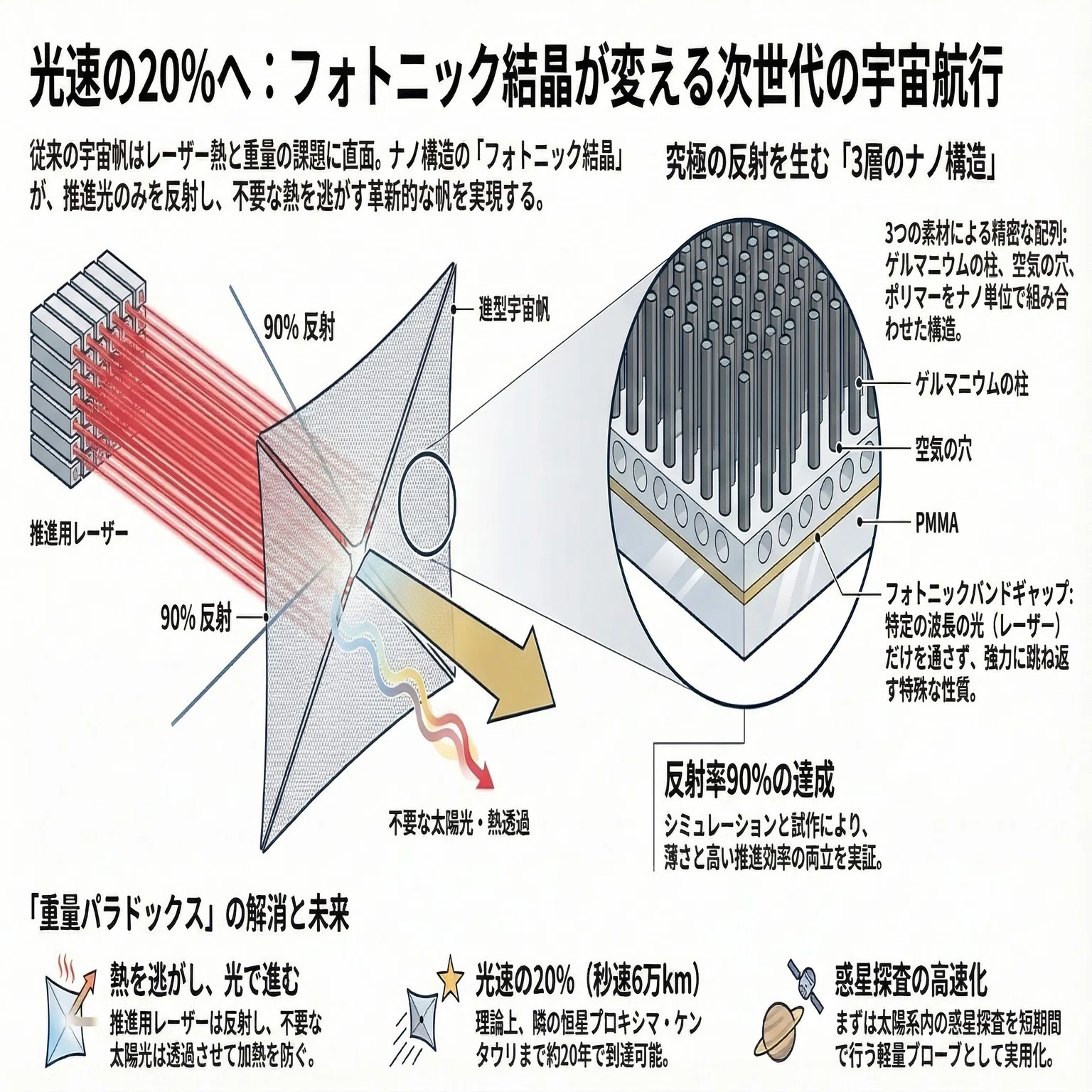 光速の20%で星へ届く「帆」──フォトニック結晶が切り拓く宇宙航行の