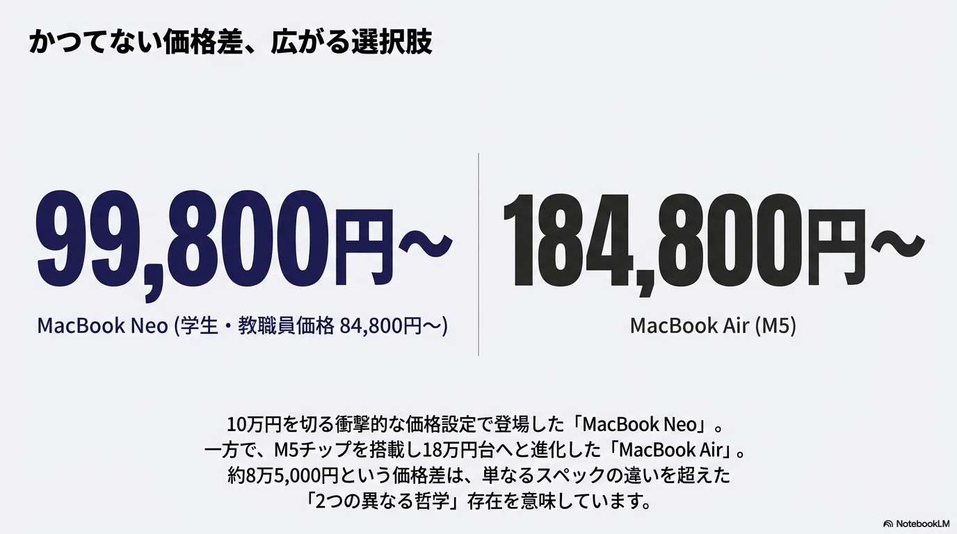 迷ったらどっち？新型「MacBook Neo」と上位モデル「MacBook Air」の