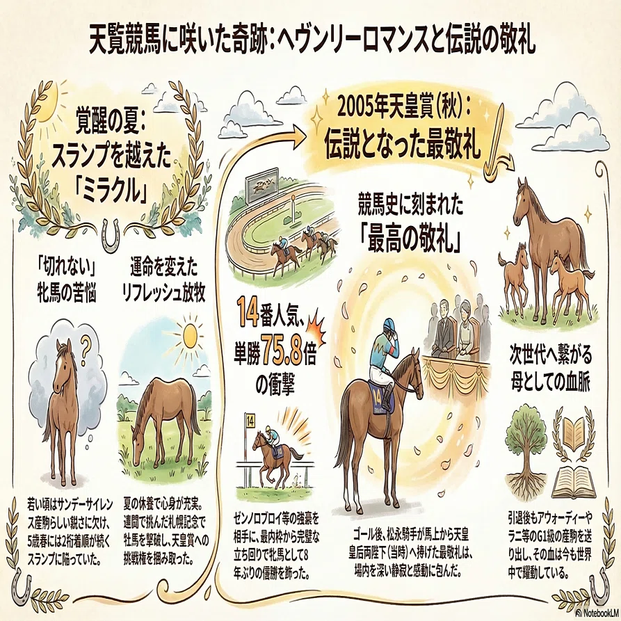 ヘヴンリーロマンス ― 天覧競馬で伝説の敬礼 ―｜ハサミおじさん