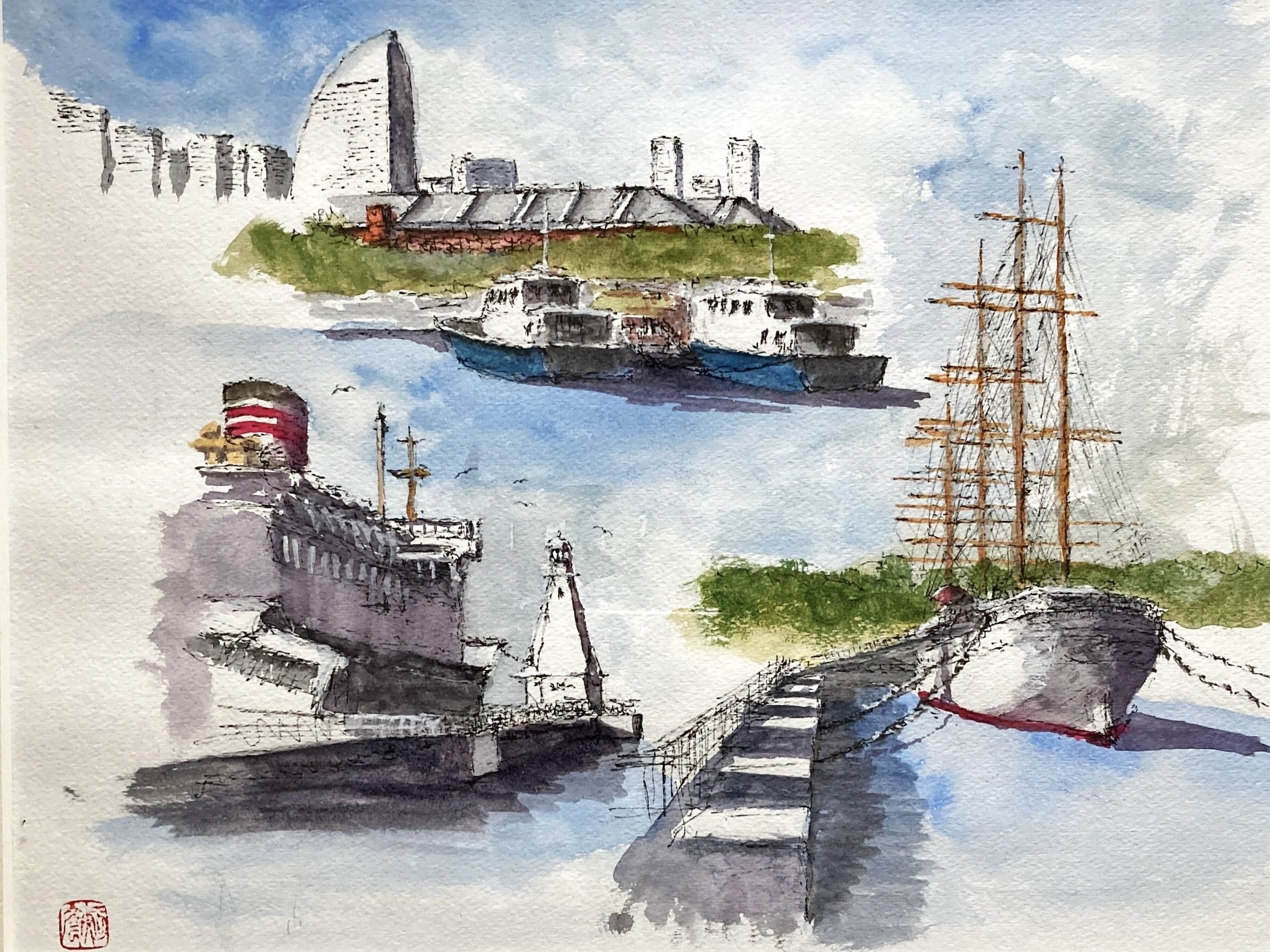 山下公園からベイブリッジの風景 水彩画 額装済み F6サイズ 水彩画159】横浜：桜木町から山下公園へ：気になるテーマを、前回と