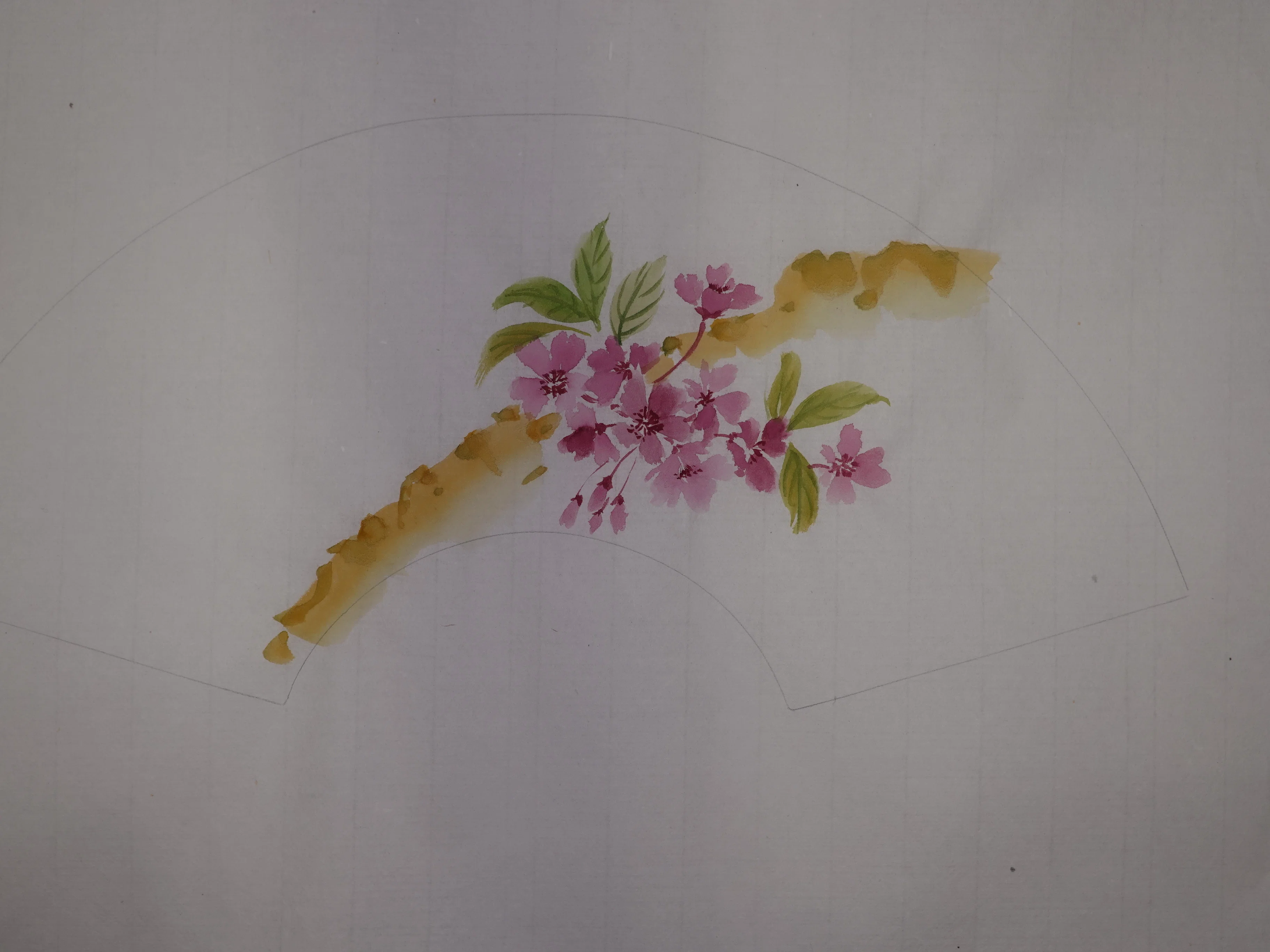 水墨画・桜を扇形の作品に｜t-miura