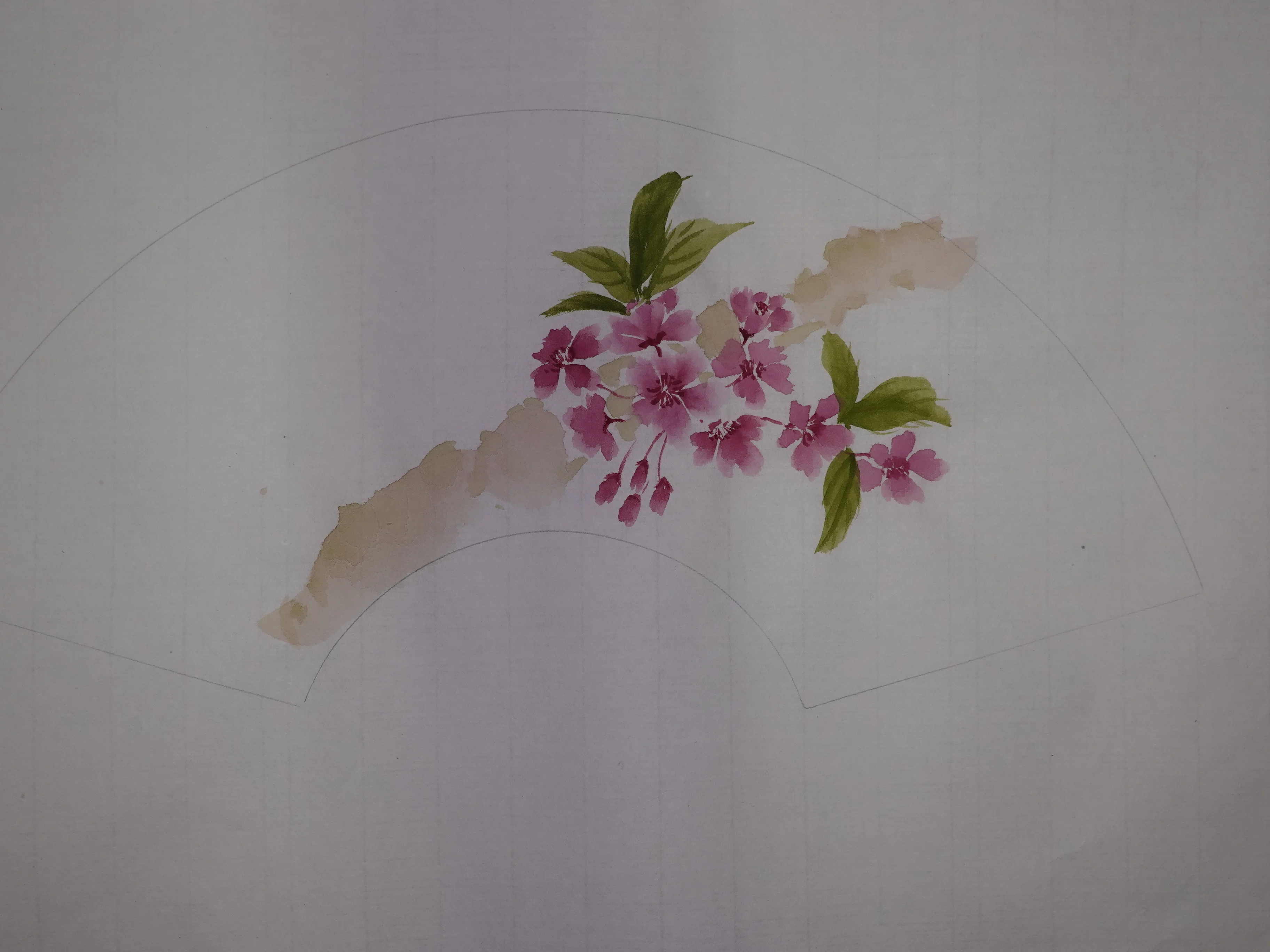 水墨画・桜を扇形の作品に｜t-miura