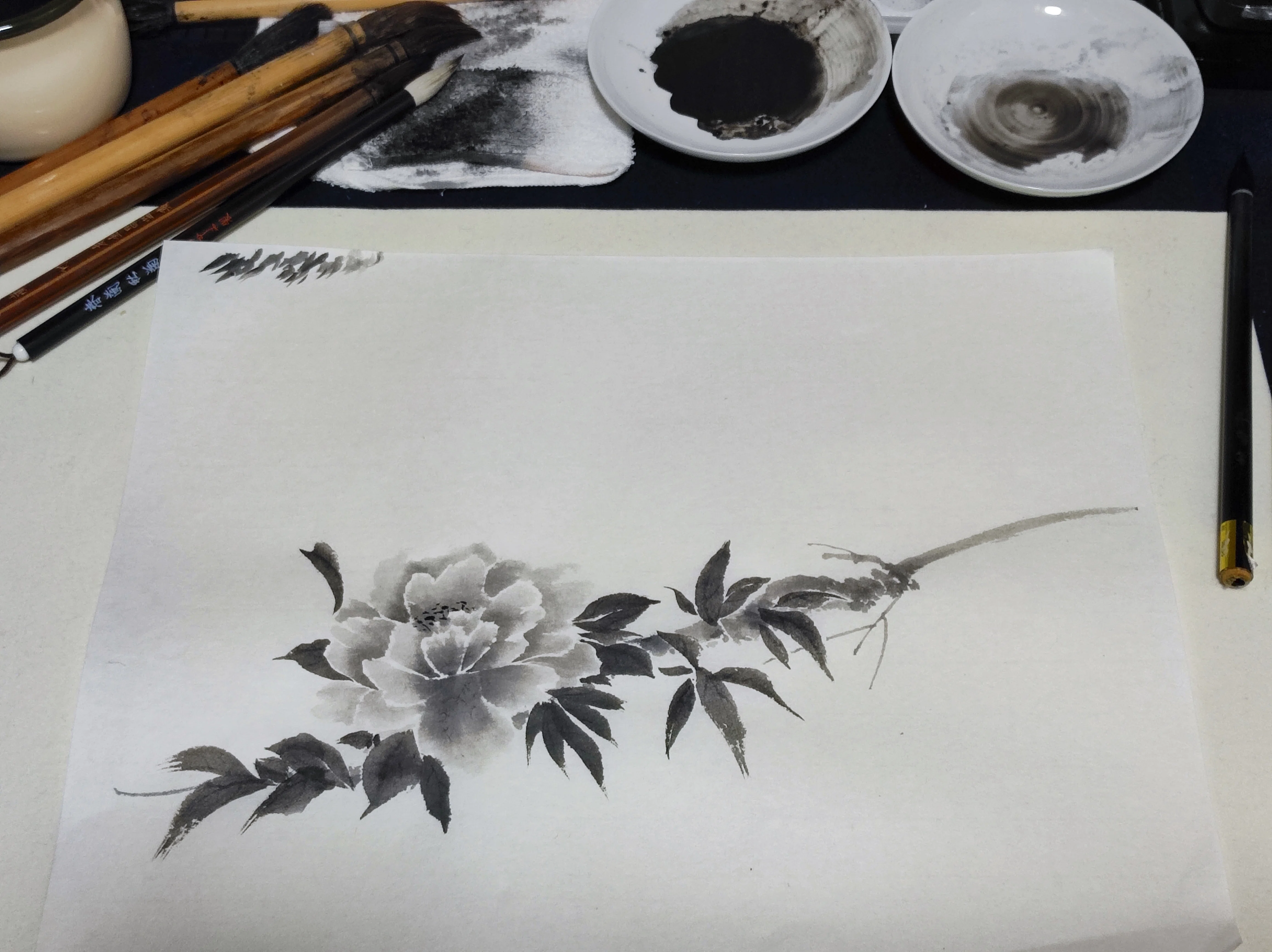 山茶花の水墨画の制作（没骨法）｜書画の魔術師 一健