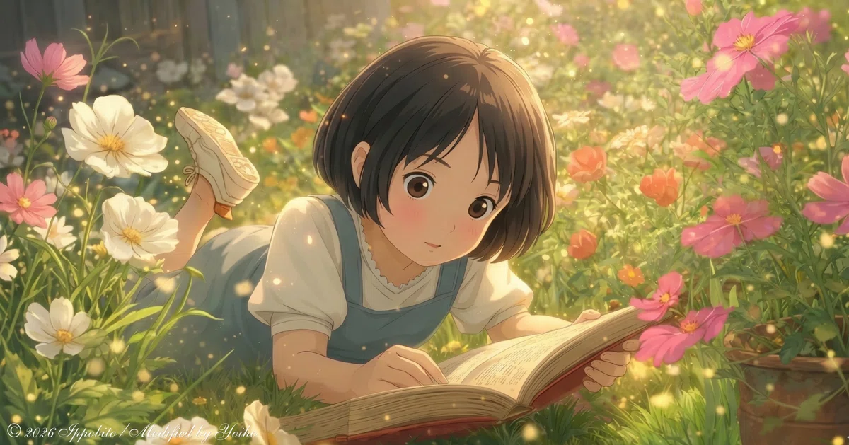 野の花(コスモス)に囲まれ、少女が本を読んでいる。