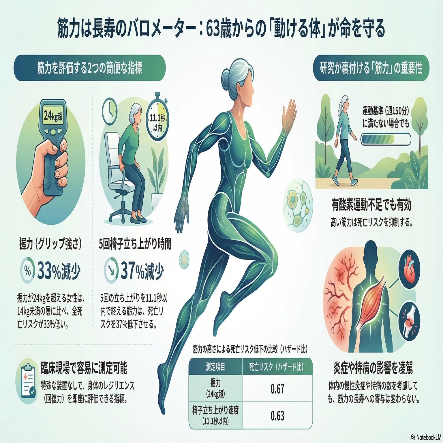高齢女性：筋力を評価し、その維持を促進することは、健康的な加齢
