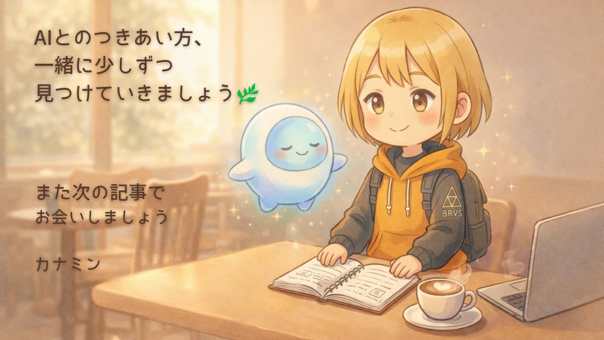 カフェで勉強するカナミンとAIキャラクター「ナノ」。
AIとのつきあい方をテーマにした記事の挨拶カード。