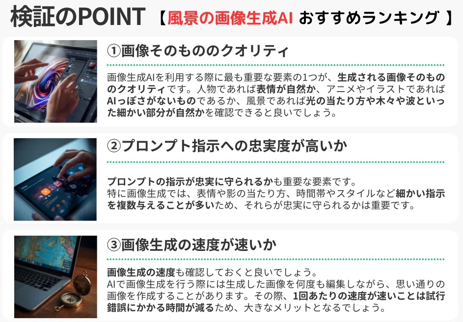 検証のPOINT
【風景の画像生成AI おすすめランキング】
① 画像そのもののクオリティ
画像生成AIを利用する際に最も重要な要素の1つが、
生成される画像そのもののクオリティです。
人物であれば表情が自然か、
アニメイラストであればAIっぽさがないものか、
風景であれば光の当たり方や木々や波といった
細かい部分が自然かを確認できると良いでしょう。
② プロンプト指示への忠実度が高いか
プロンプトの指示が忠実に守られるかも重要な要素です。
特に画像生成では、
表情や影の当たり方、時間帯やスタイルなど
細かい指示を複数与えることが多いため、
それらが忠実に守られるかは重要です。
③ 画像生成の速度が速いか
画像生成の速度も確認しておくと良いでしょう。
AIで画像生成を行う際には
生成した画像を何度も編集しながら
思い通りの画像を作成することがあります。
その際、
1回あたりの速度が速いことは試行錯誤にかかる時間が減るため、
大きなメリットとなるでしょう。