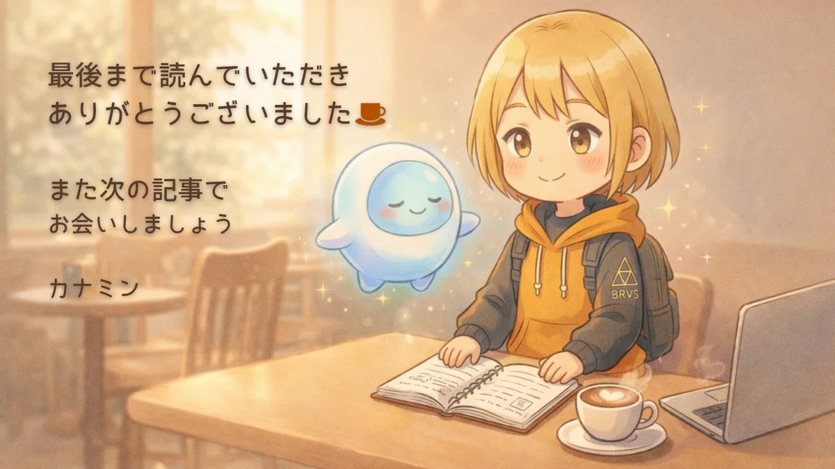 カフェでノートを開くカナミンとAIキャラクター「ナノ」。
記事の最後に表示する挨拶カード。