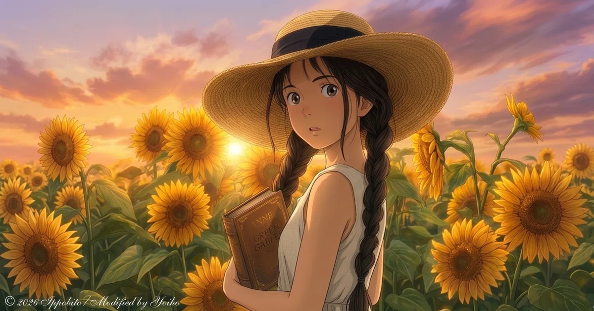 夕陽の向日葵畑と少女。赤毛のアンの本を携えている。