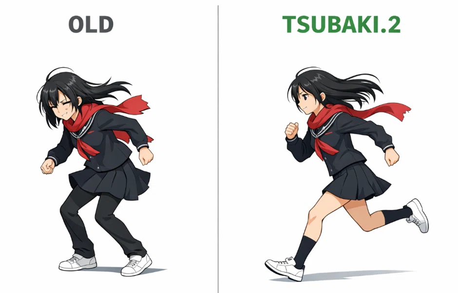 アニメスタイル女性キャラクター絵画 PixAI Tsubaki.2のアクション表現をレビュー！ジャンプ・走り・髪と布