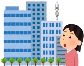 ビルの屋上に設置されたアンテナ基地局を見上げる人の様子を描いたイラスト。複数のビルが立ち並ぶ中、一つのビルの屋上にアンテナ基地局が設置されており、それを見上げている場面を表現している。