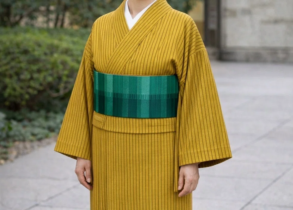 Half-width Obi (Turquoise Green) Hanaori｜手織り上田紬 小岩井紬工房