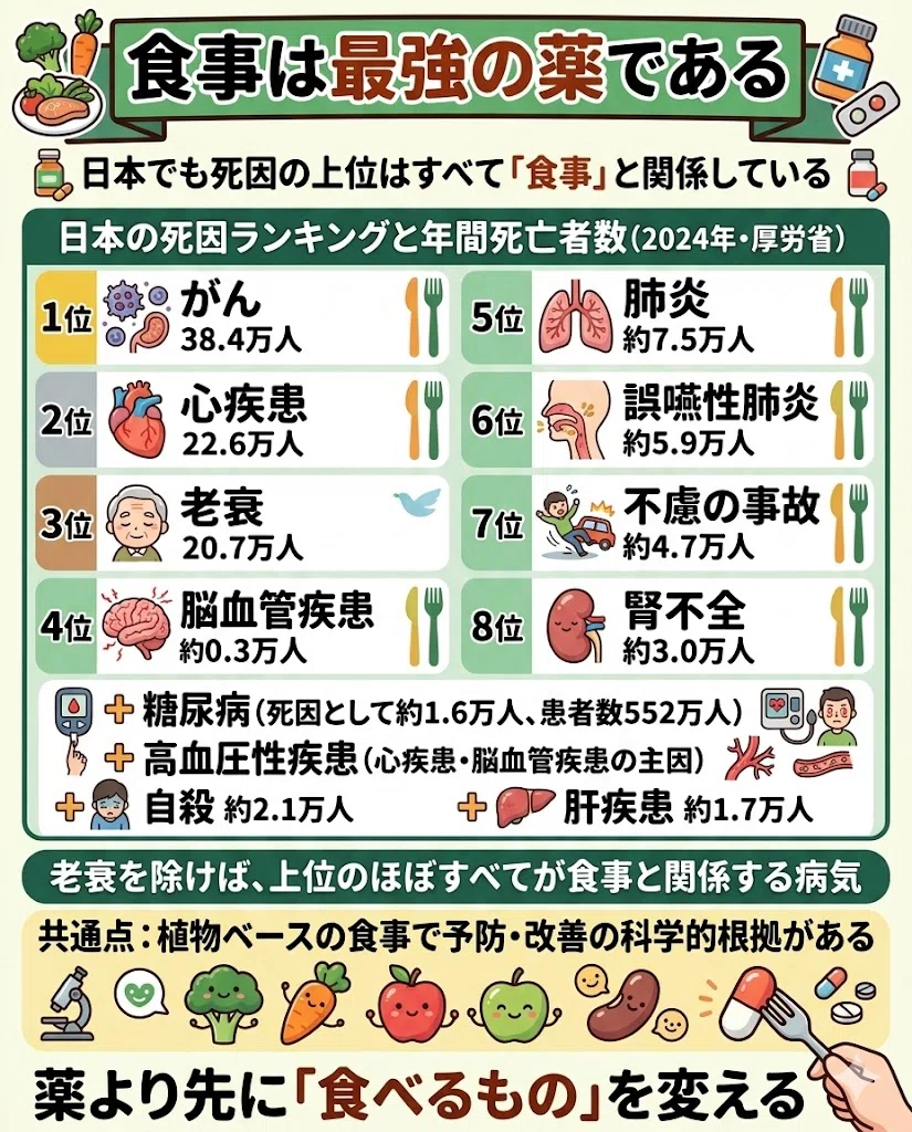 死因ランキング 食事 病気予防 植物性食品 心臓病 がん 糖尿病 科学的根拠
