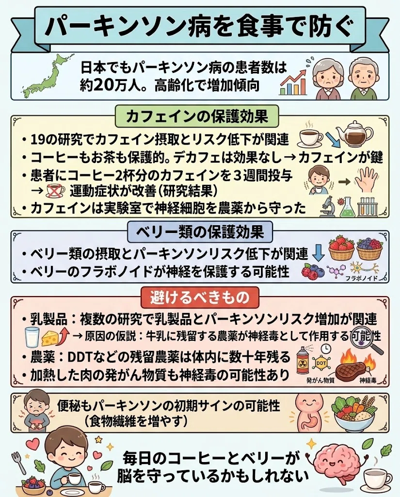 パーキンソン病 予防 コーヒー カフェイン ベリー 農薬 乳製品 神経保護

