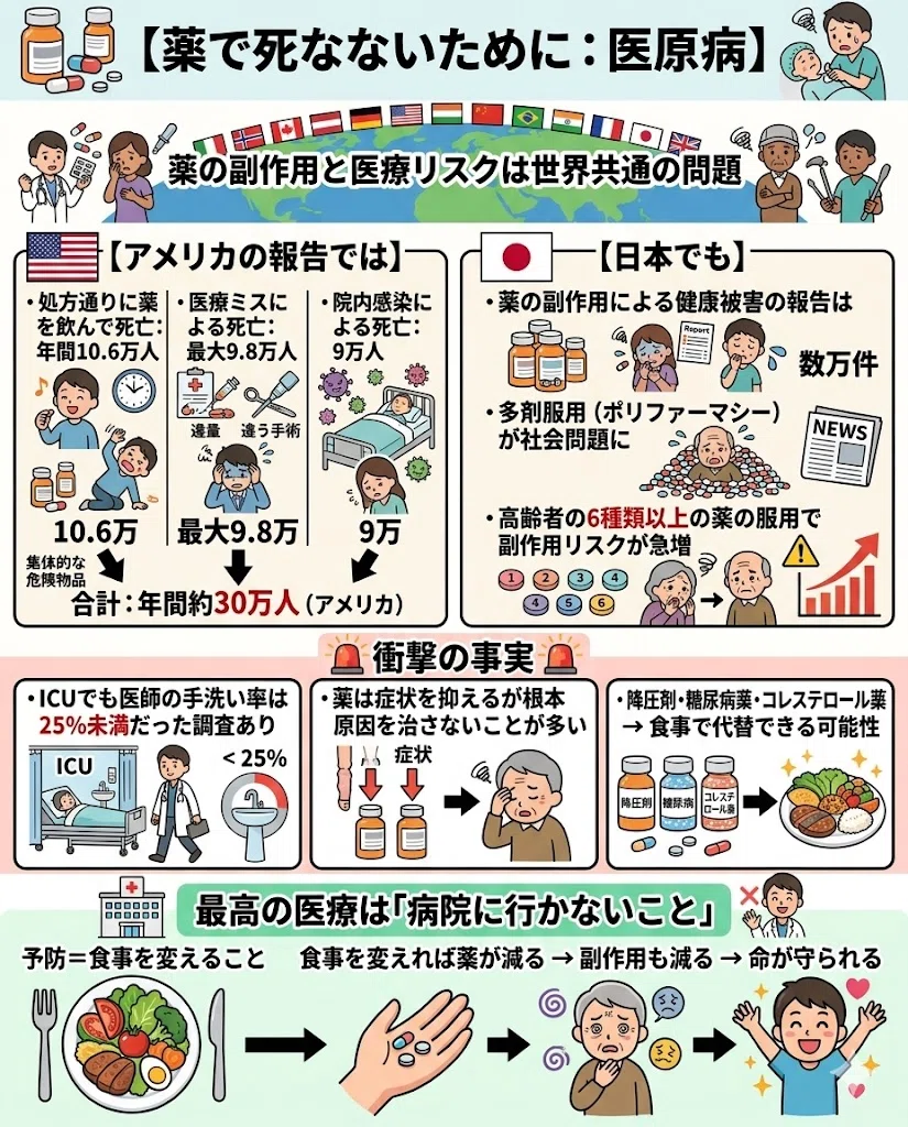 医原病 薬の副作用 医療ミス 予防医学 食事 植物性食品 安全 病気予防
