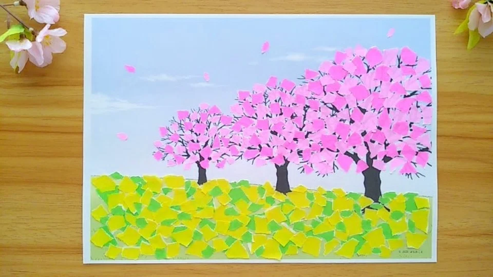 下絵・見本】桜・菜の花畑☆ちぎり絵・壁面飾り｜はなみこと