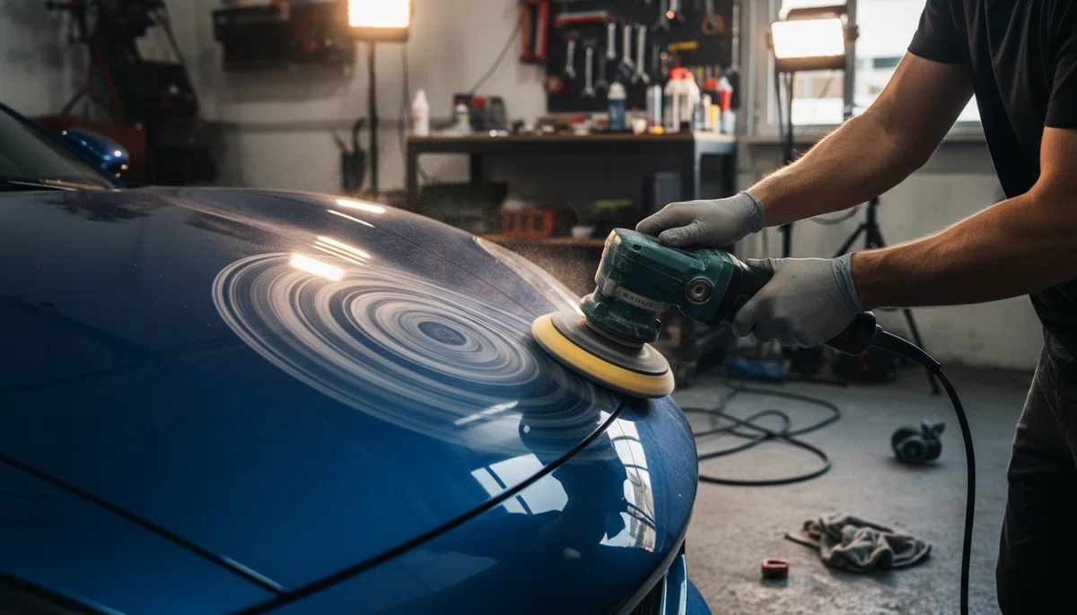 ポリッシャーで車を研磨する作業