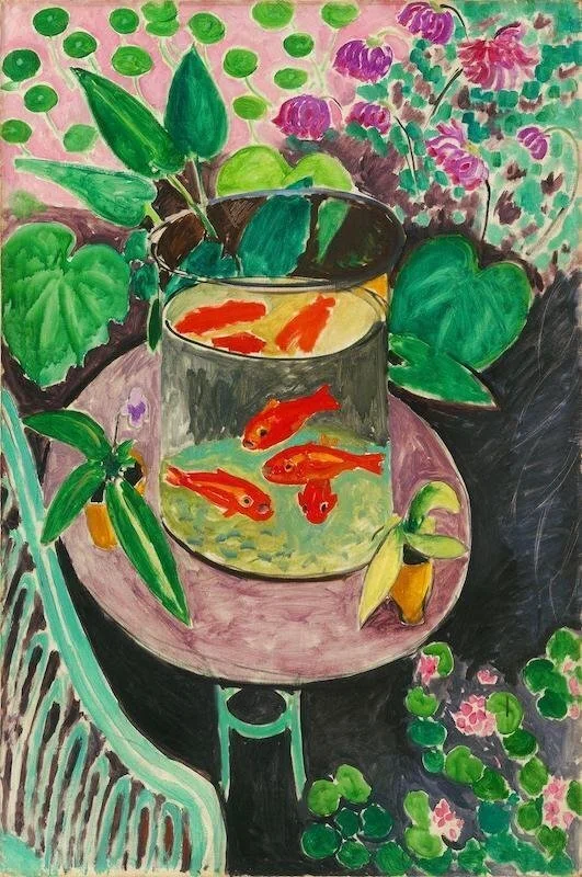 水中花と金魚•デンドロビウム　アクリル画　絵　絵画　呼吸 踊る赤、癒しの緑。マティス『金魚』。色彩の魔術師が贈る、心の「安楽